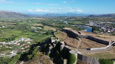 Drone flight around the ancient Rozafa Fortress, Shkoder Albania Stock Footage 327199957