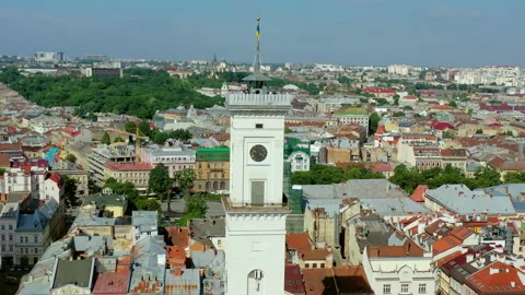 Drone flight around the City Hall. City of Lviv, Ukraine. Old historical part. Video stock 201601043
