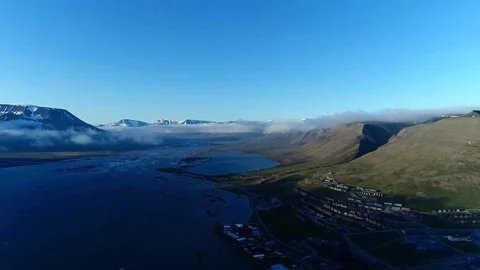 Drone flight around the high arctic city of Longyearbyen in Svalbard Stock Footage 95456218