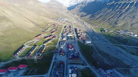 Drone flight around the high arctic city of Longyearbyen in Svalbard Stock Footage 95456259
