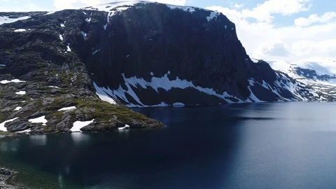 Drone flight around high mountain lake in central Norway Stock Footage 95456195