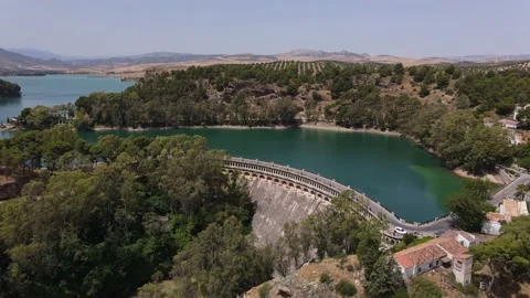 Drone flight around the large dam at the Guadalhorce reservoir. Stock Footage 152672204