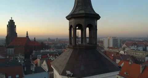 Drone flight around the upper part of the city hall in Gliwice Stock Footage 103287264