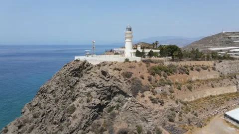 Drone flight around the white lighthouse of Sacratif in Spain in sunshine. Stock Footage 152671690