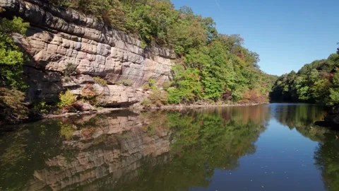 Drone Flight Beautiful Reflection Lake Daytime Stone Cliff Walls Stock Footage 256172437
