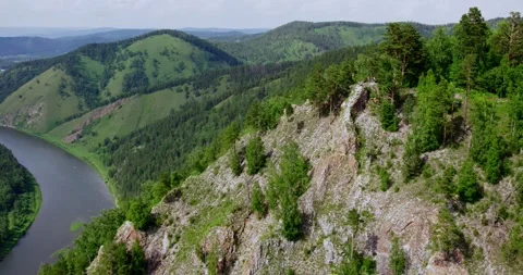 Drone flight, beautiful view of the green mountains and the river Stock Footage 171040132