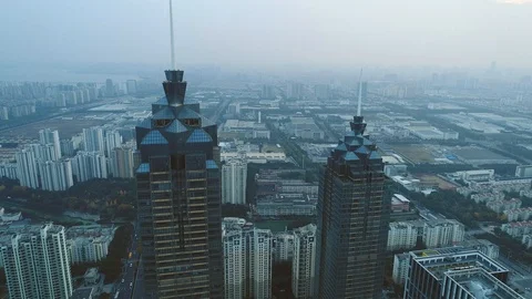 Drone flight between tops of two skyscrapers Video stock 89442215