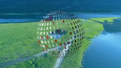 On drone flight binary globe emerging over marsh rotating scaling revealing Stock Footage 322204430