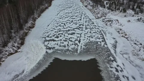 Drone flight from a bird's-eye view of the Siberian river in November, durin Stock Footage 319429997
