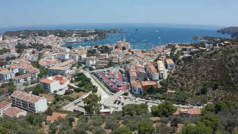 Drone flight from Cadaques over mountain hills Stock Footage 112956595