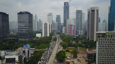 Drone flight central business district, office and skyscrapers Jakarta Video stock 85458026
