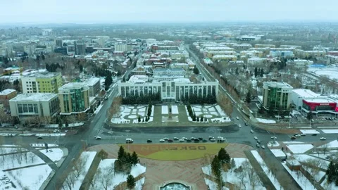 Drone flight from city administration building, the akimat of the city past the  스톡 동영상 240530707