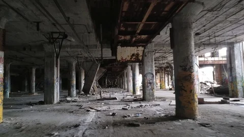 Drone Flight Clip Inside An Abandoned Detroit Factory Stock Footage 106628065