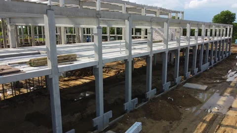 Drone flight in construction site. Empty rural landscape with freshly installed Stock Footage 163255669