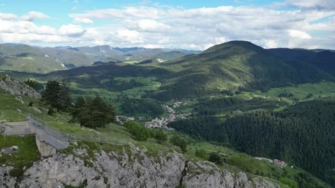 Drone Flight Crossing Eagle Eye Cliff Toward the Rhodope Mountains, Bulgaria Stock Footage 340832111