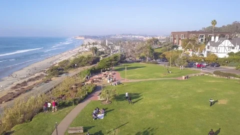 Drone flight of Del Mar Cliffside Park up to Beach - San Diego, CA Stock-Footage 88256586