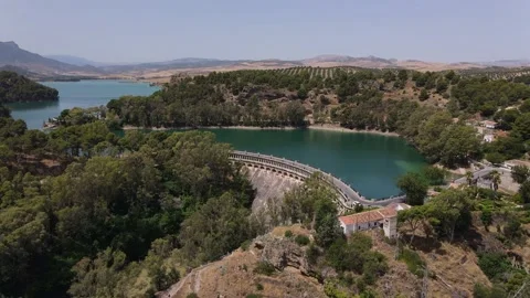 Drone flight in the direction of the large dam at the Guadalhorce reservoir. Stock Footage 152672171