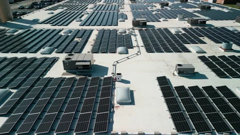 Drone flight fly over solar panels renewable green alternative energy on the Video stock 224774478