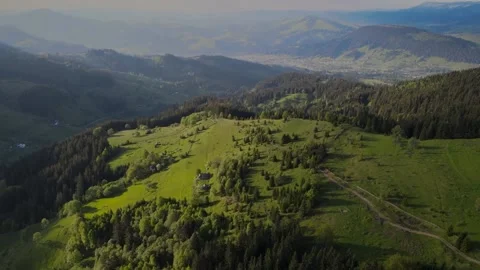 Drone flight  forests and fields in the mountains and the village in Carpathians Stock Footage 169755212