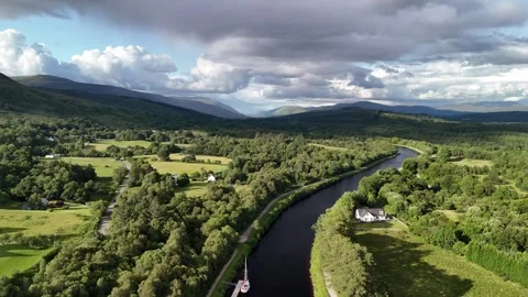 Drone Flight Forward Over Caledonian Canal From Banavie Locks Stock Footage 331348904
