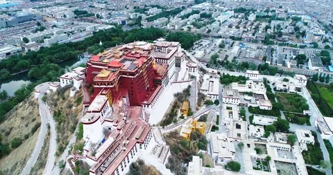 Drone flight with full side view of Potala Palace in Lhasa Tibet Stock Footage 93055021