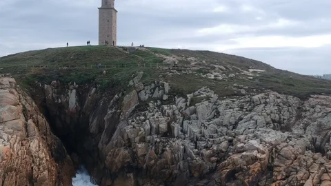 Drone flight on the Hercules Tower in A Corua, Galicia, Spain Stock Footage 123216589