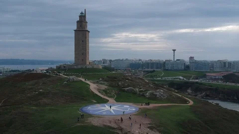 Drone flight on the Hercules Tower in A Corua, Galicia, Spain Stock Footage 123216729