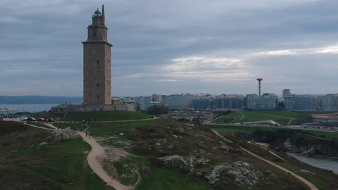 Drone flight on the Hercules Tower in A Corua, Galicia, Spain Stock Footage 123216817