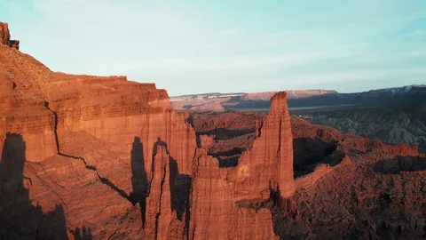 Drone flight high above huge sandstone Fisher towers in the Utah desert Stock Footage 128655279