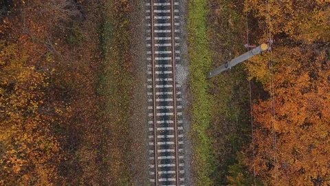 Drone flight in an industrial area. A freight train loaded with wood moves Stock Footage 236069376