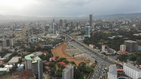 Drone flight Meskel Square and modern skyline Addis Ababa Ethiopia Видео 124177861