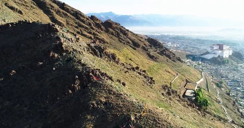 Drone flight on mountain side in Xigaze Tibet Stock Footage 93054848
