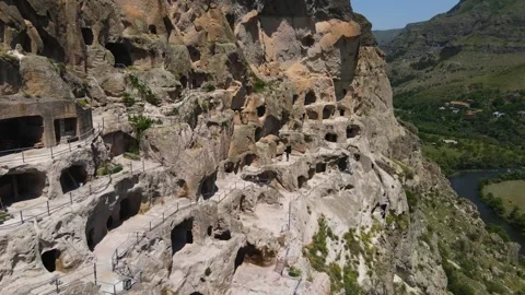 Drone flight near the cave monastery complex of Vardzia. Video stock 168678225
