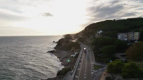 Drone Flight Near Lighthouse at Sunset, Costa Brava, Spain Stock Footage 319861146