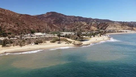 Drone Flight from Ocean Toward Topanga Lagoon and PCH Stock Footage 344506637