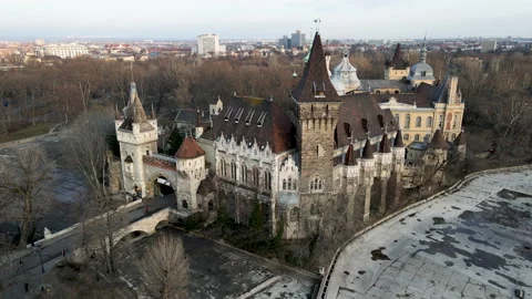 Drone Flight Over Abandoned Castle Gatehouse Tower Budapest Winter Day Stock Footage 171253040