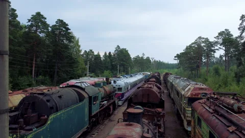 Drone flight over abandoned trains. The Gulf of Finland. Russia Stock Footage 168468098