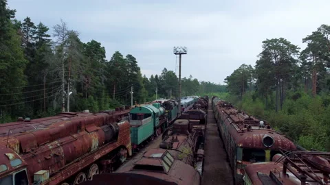 Drone flight over abandoned trains. Summer day. The Gulf of Finland. Russia Stock Footage 168468645