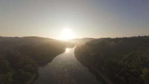 Drone Flight over the Aggertalsperre at Dawn in Germany 動画素材 314978444