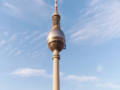 Drone flight over Alexanderplatz, sphere of tv tower, summer, Berlin, aerial. Stock Footage 79969345