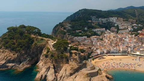 Drone flight over an ancient castle on the Mediterranean coast Stock-Footage 112028354
