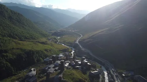 Drone Flight Over Ancient Ushguli Rooftops and Mountain Road | Georgia in 4K 스톡 동영상 312335065