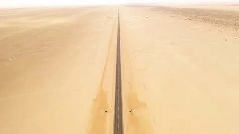 Drone flight over asphalt road through desert of Namib Video stock 157555401