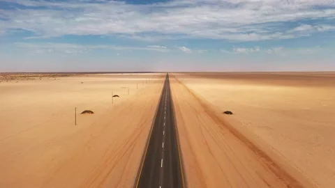 Drone flight over asphalt road through desert of Namib Stock Footage 157555487