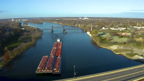 Drone Flight Over Barge on the Illinois River at Ottawa IL Stock Footage 146035023