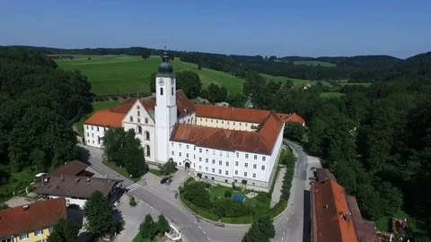 Drone flight over bavarian monastery church Stock Footage 87760211