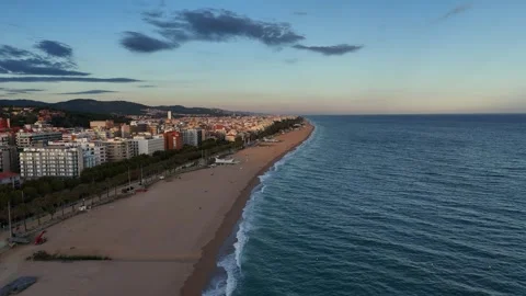 Drone Flight Over Beach at Sunset, Costa Brava, Spain Stock Footage 319861076