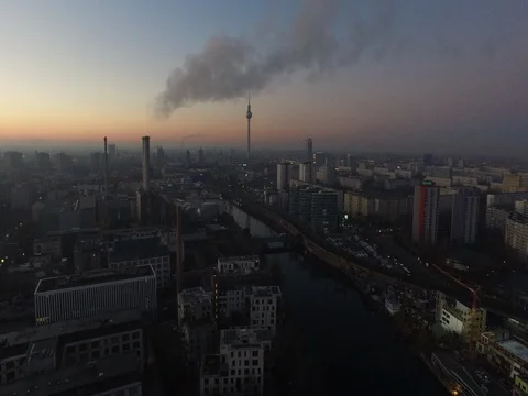 A drone flight over Berlin downtown during summer sunset at the river, aerial. Video stock 80050959