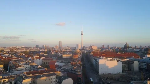 Drone flight over Berlin skyline during early sunset, HD Stock Footage 101649211