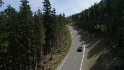 Drone flight over black car driving through the pine forest to the austrian Stock Footage 124466127